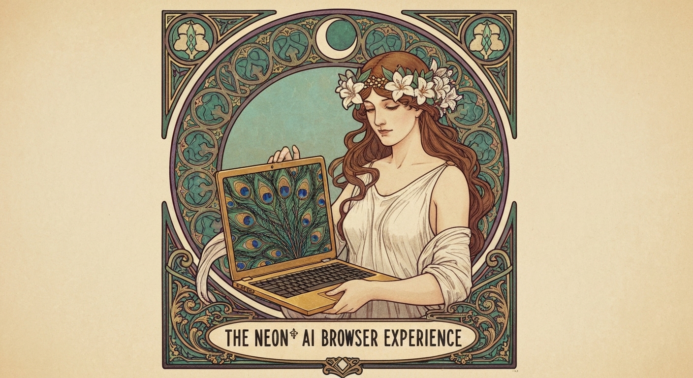 the Neon AI Browser interface showing its key features like content summarization and a prompt engineering sidebar